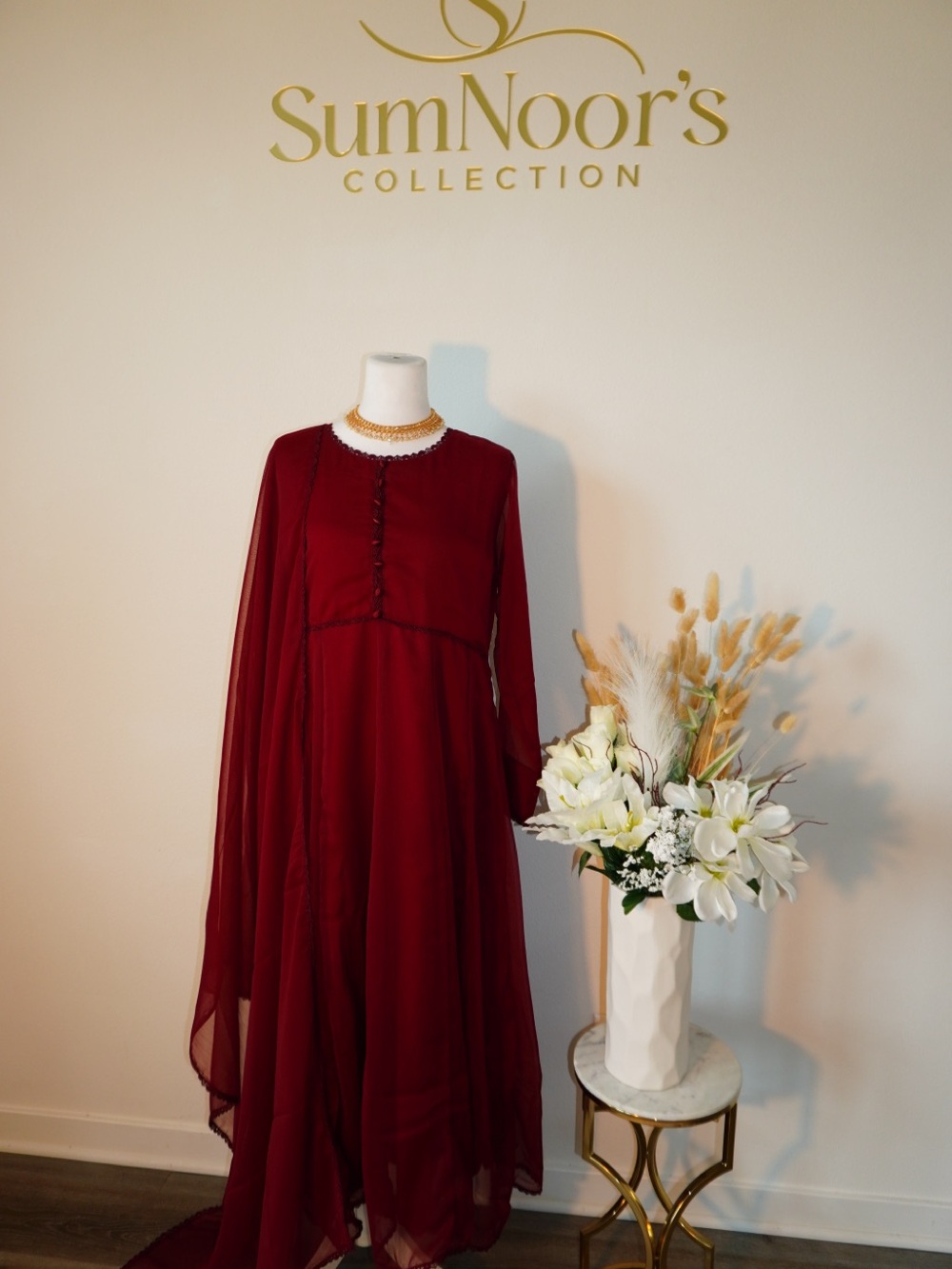 SumNoor's Maroon Chiffon Long-Sleeve Maxi Dress